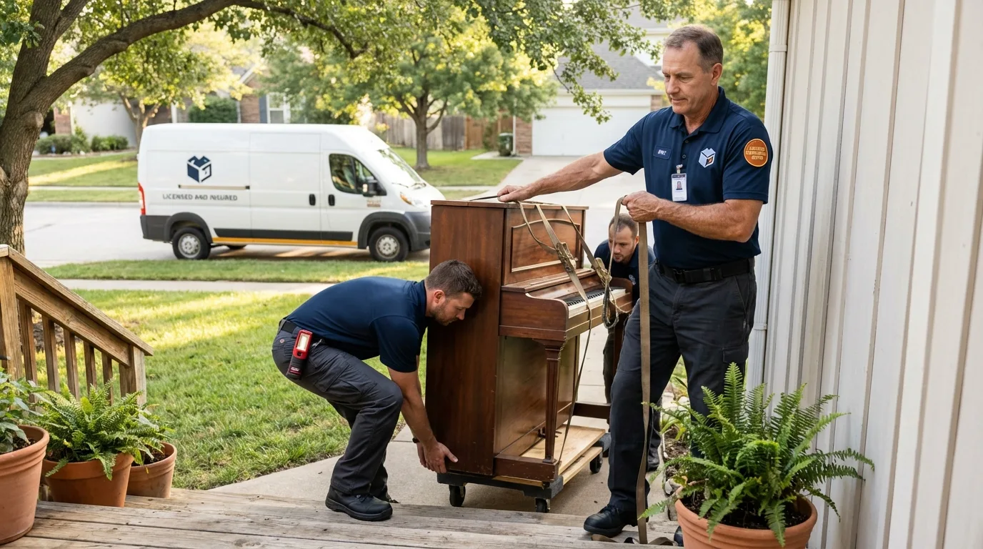Licensed piano movers securing grand piano in Bryn Mawr, PA