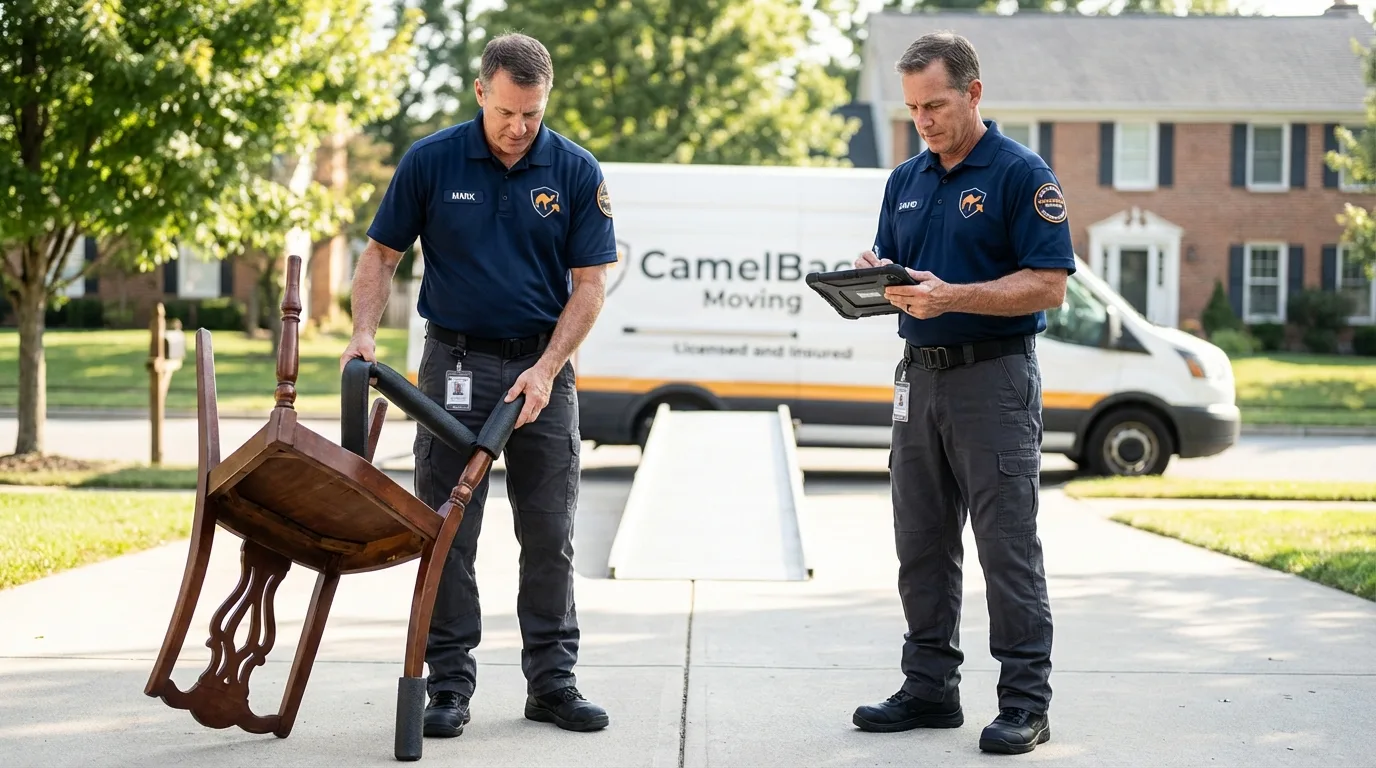 Movers inspecting furniture for damage prevention before loading in Bryn Mawr, PA