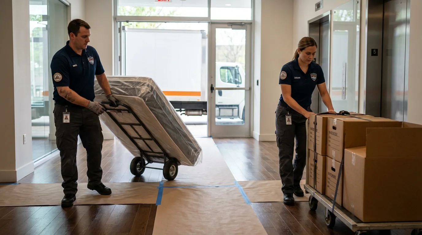 Professional apartment movers loading elevator in Bryn Mawr, PA