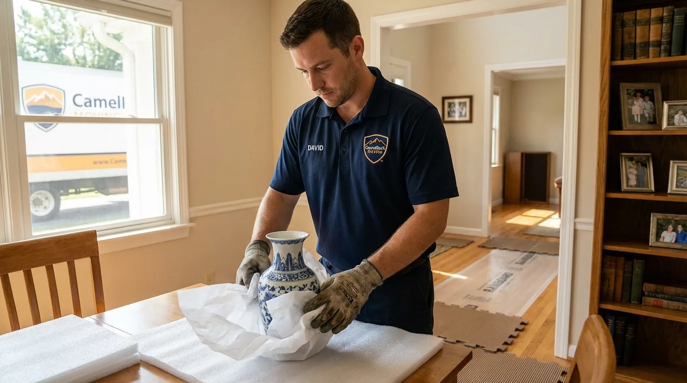 Professional crew carefully wrapping antique vase for senior downsizing move in Bryn Mawr, PA